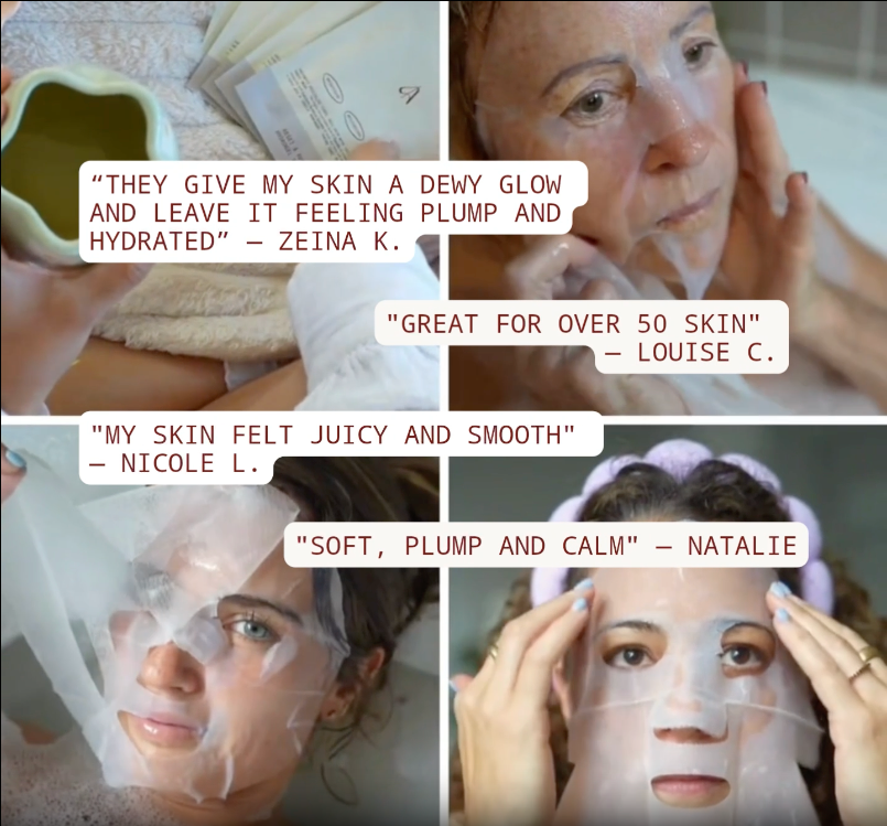 5 star Hydrogel mask reviews - ""THEY GIVE MY SKIN A DEWY GLOW
AND LEAVE IT FEELING PLUMP AND HYDRATED", "GREAT FOR OVER 50 SKIN", "MY SKIN FELT JUICY AND SMOOTH", "SOFT, PLUMP AND CALM"